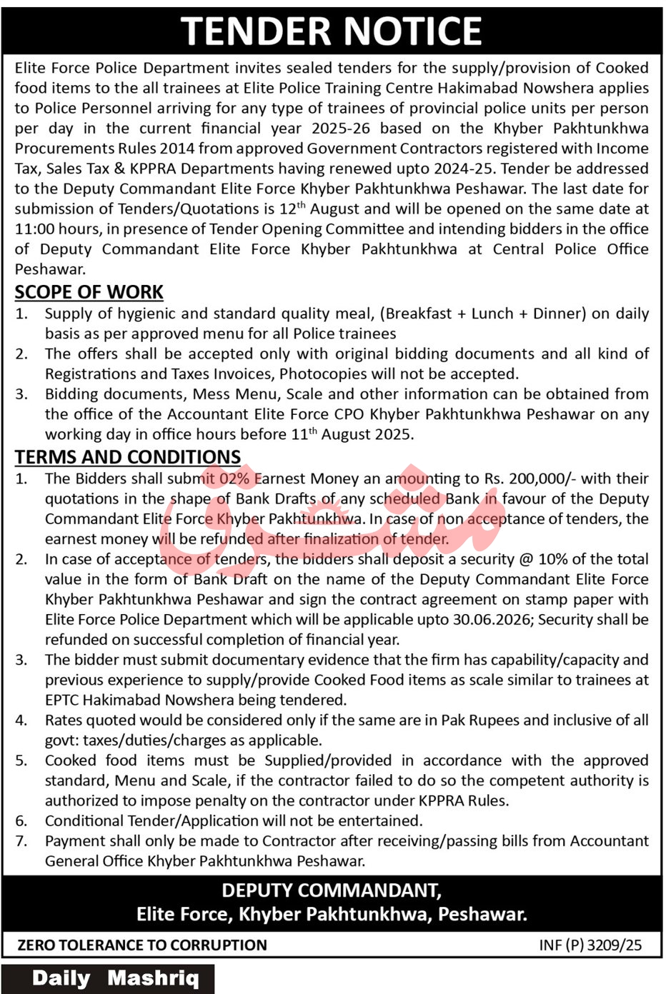 Elite Force Police Department Peshawar Tender Notice